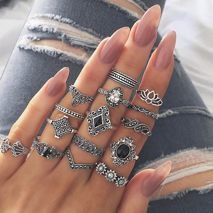 Retro Geometric Stars Feathers Gems Moon Rings Set