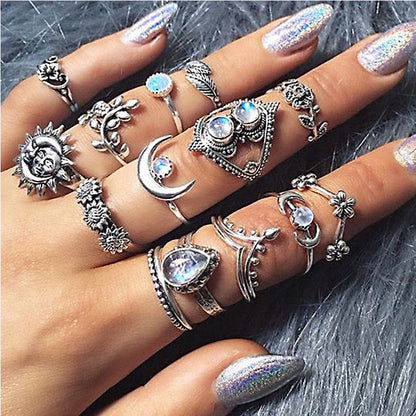 Retro Geometric Stars Feathers Gems Moon Rings Set