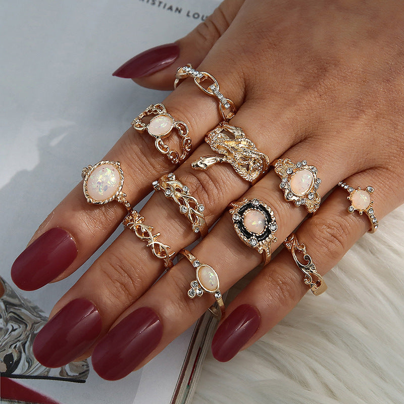 Retro Geometric Stars Feathers Gems Moon Rings Set