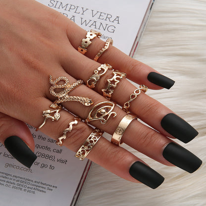 Retro Geometric Stars Feathers Gems Moon Rings Set