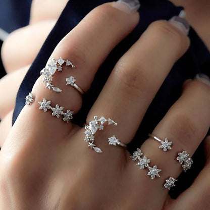 Retro Geometric Stars Feathers Gems Moon Rings Set