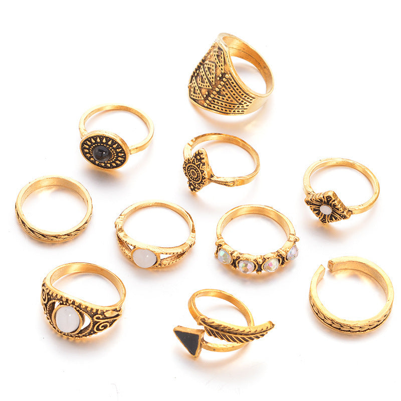 Retro Geometric Stars Feathers Gems Moon Rings Set