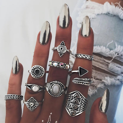 Retro Geometric Stars Feathers Gems Moon Rings Set