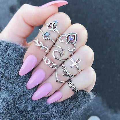 Retro Geometric Stars Feathers Gems Moon Rings Set