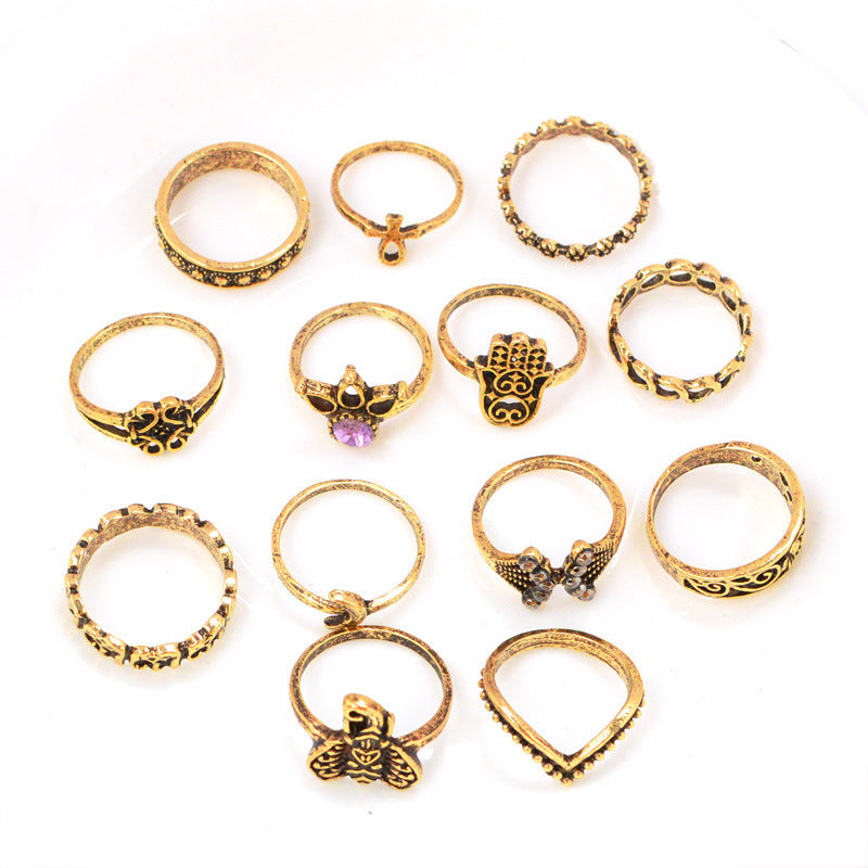 Retro Geometric Stars Feathers Gems Moon Rings Set