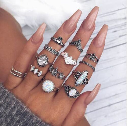 Retro Geometric Stars Feathers Gems Moon Rings Set