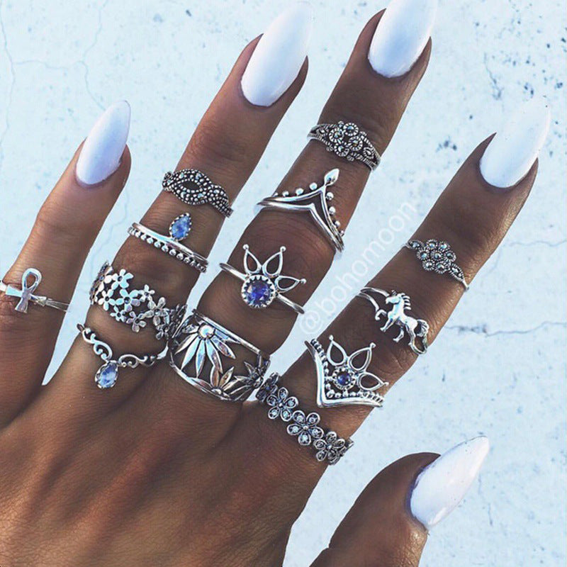 Retro Geometric Stars Feathers Gems Moon Rings Set