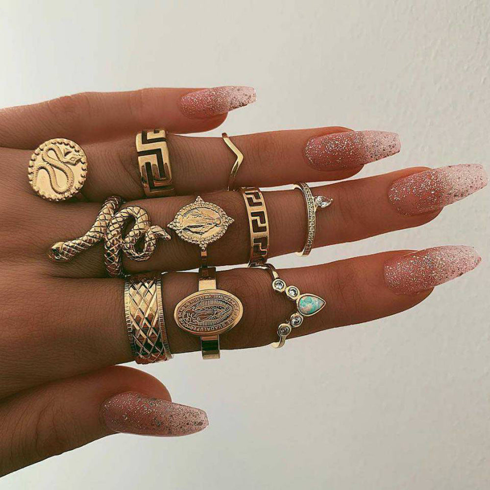 Retro Geometric Stars Feathers Gems Moon Rings Set