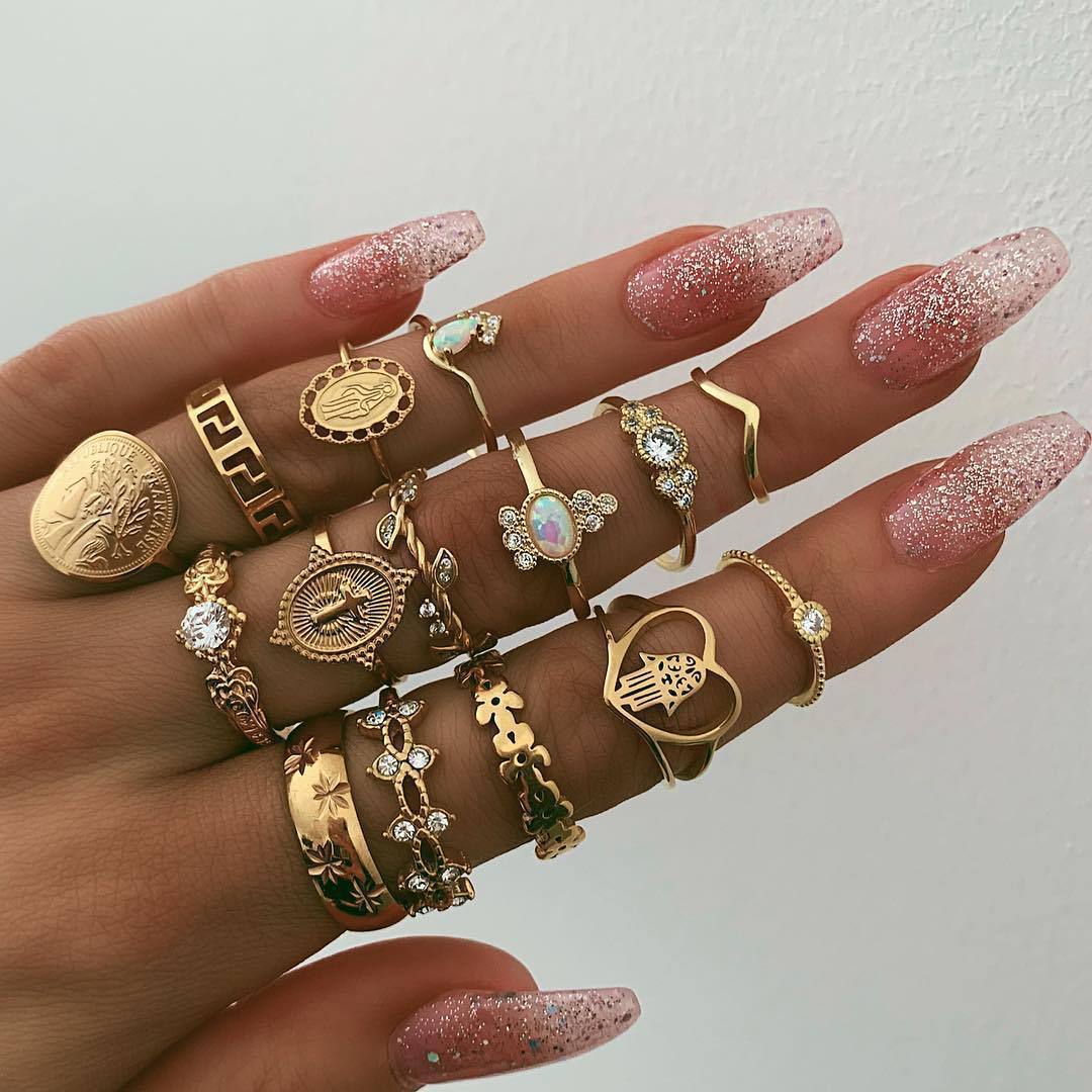 Retro Geometric Stars Feathers Gems Moon Rings Set