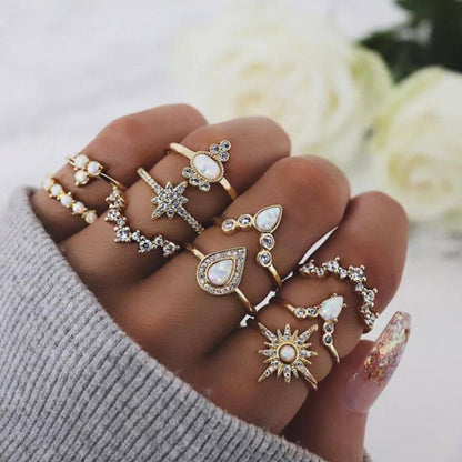 Retro Geometric Stars Feathers Gems Moon Rings Set