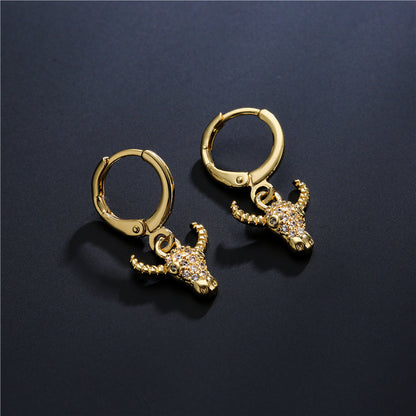 Fashion Copper Plated Gold Micro-Inlaid Zircon Bull Head Earrings