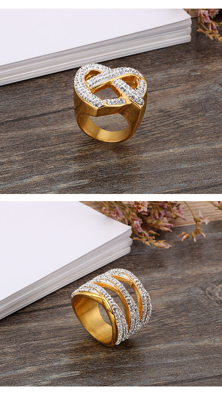 European And American Fashion Full Diamond Ring Stainless Steel Electroplated 18k Real Gold Exaggerated Large Mesh Woven Female Raw Ring Jewelry