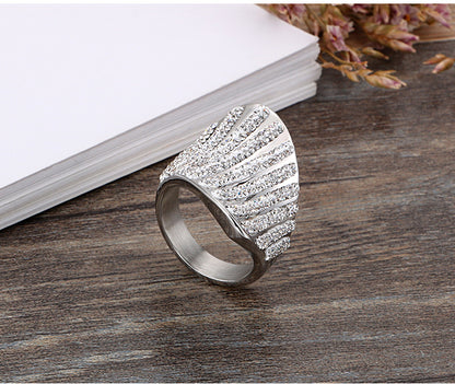 European And American Fashion Full Diamond Ring Stainless Steel Electroplated 18k Real Gold Exaggerated Large Mesh Woven Female Raw Ring Jewelry