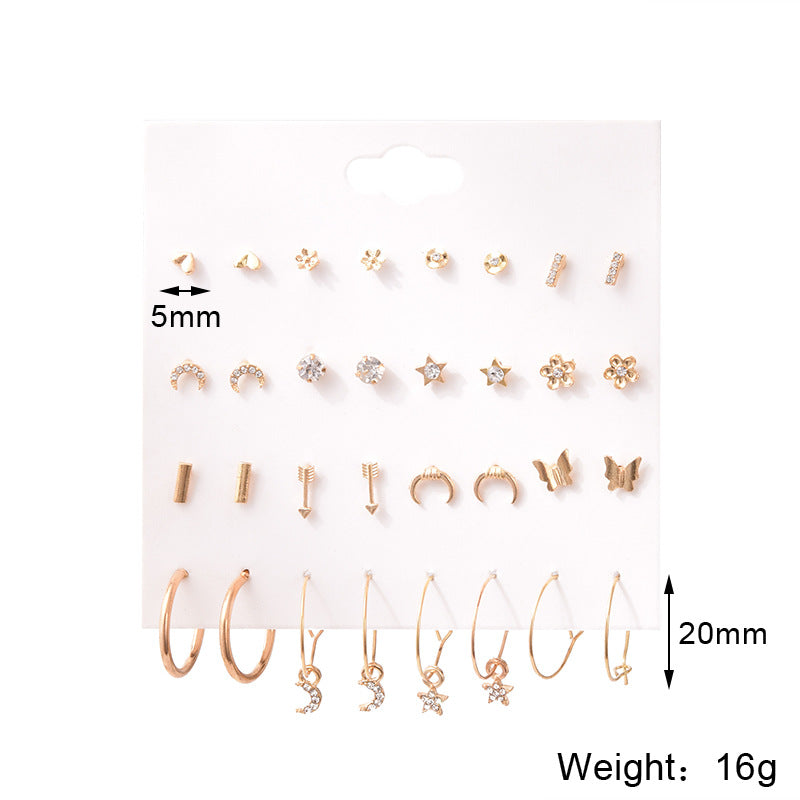 Simple Geometric Alloy Small Earrings Set 16 Pairs One Card