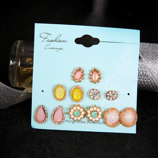 Gooddiy Simple Water Drop Rhinestone Flower Earring Multi-piece Set Wholesale Jewelry