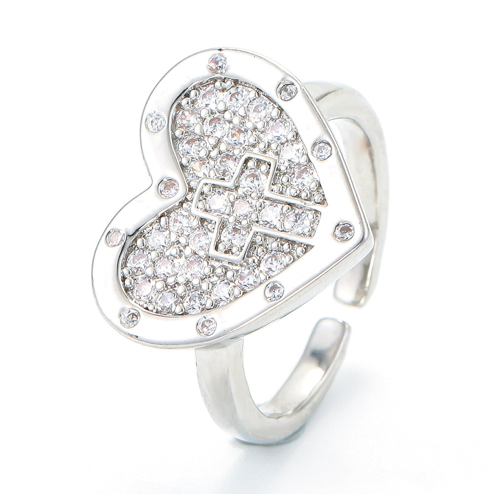 Wholesale Heart-shaped Cross Micro-inlaid Zircon Opening Adjustable Ring Gooddiy