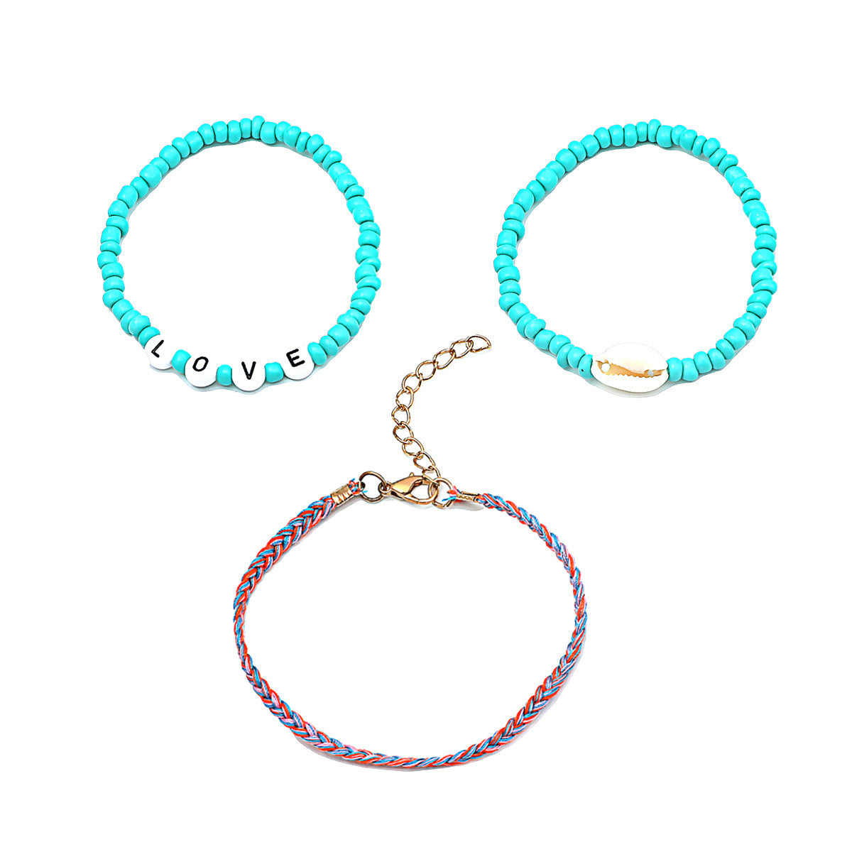 Cross-border New Arrival Set Bohemian Color Beaded Bracelet Shell Love Letter Bead Bracelet Three-piece Set For Women