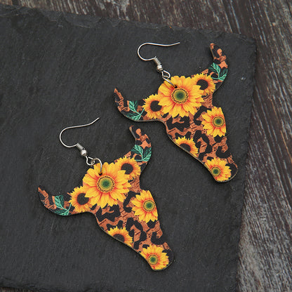 Wholesale Retro Bull Head Sunflower Leather Earrings Gooddiy