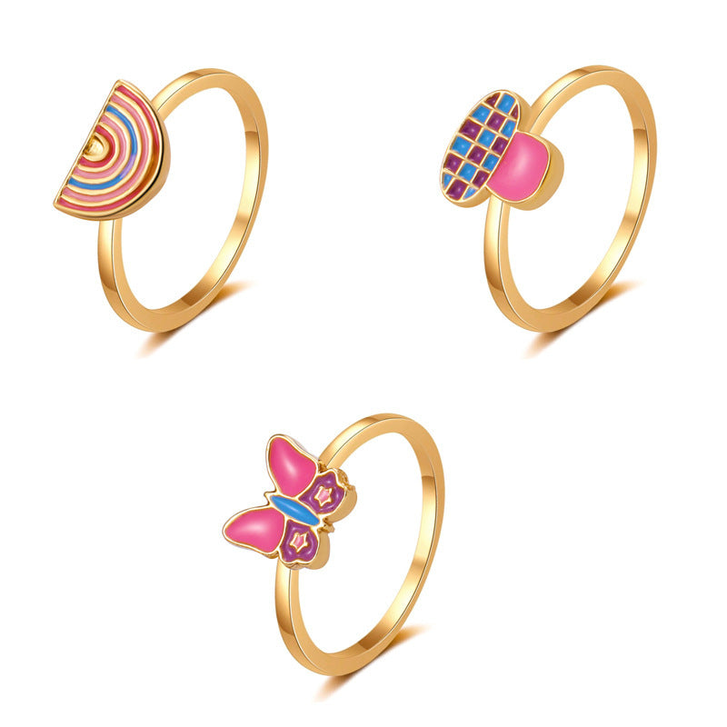 Wholesale Jewelry Cute Dripping Oil Butterfly Mushroom Rainbow Ring Gooddiy