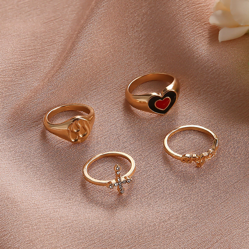 Cross-border New Arrival Ring Set European And American Fashion Diamond Two-color Dripping Oil Love Heart-shaped Ring Combination 4-piece Ring Female