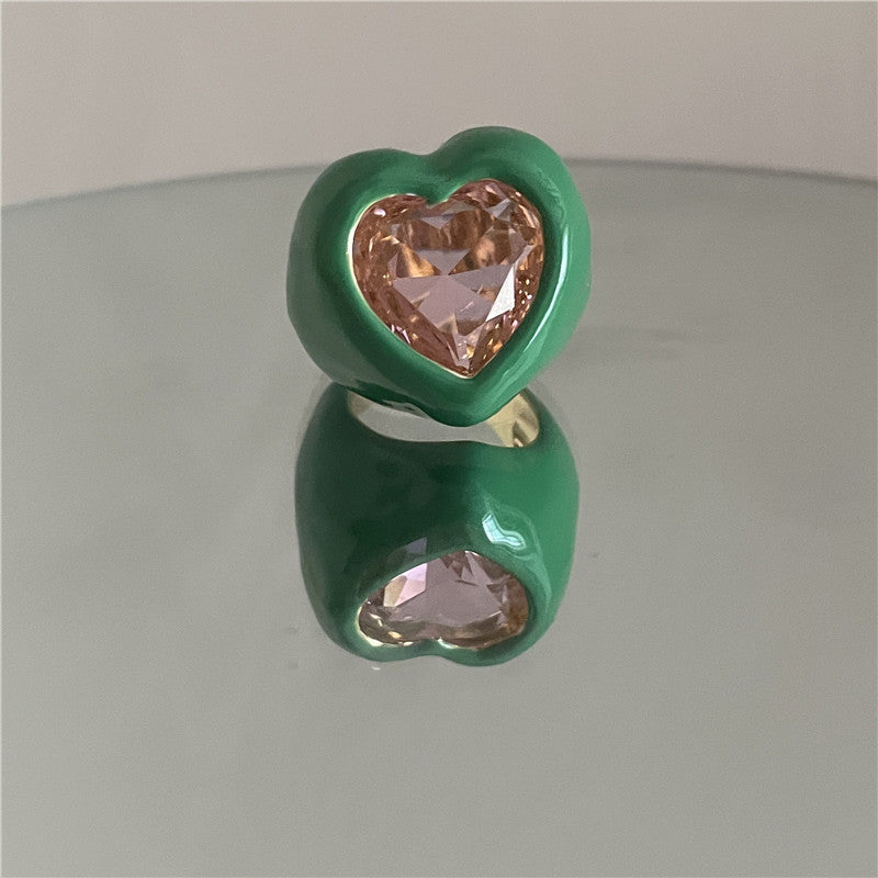 Fashion Large Gemstone Color Enamel Spray Paint Heart-shaped Ring Wholesale Gooddiy