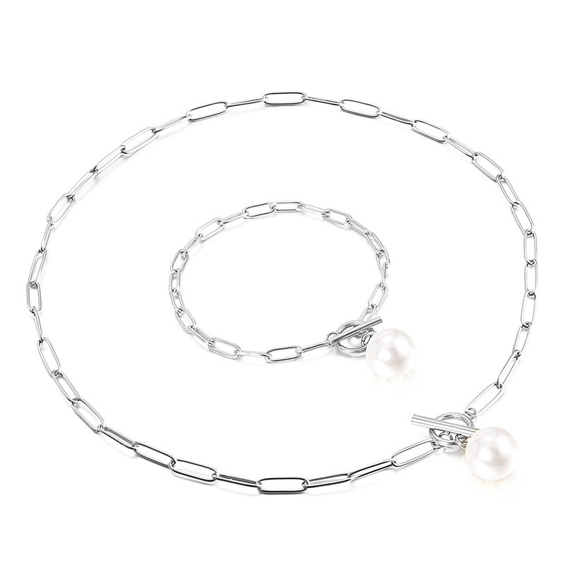 New Stainless Steel Square Chain Pearl Necklace Bracelet Set Wholesale Gooddiy