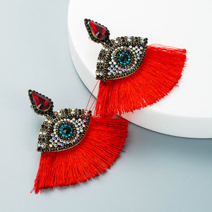 Retro Glass Diamonds Devil's Eyes Fan-shaped Tassel Earrings Wholesale Gooddiy