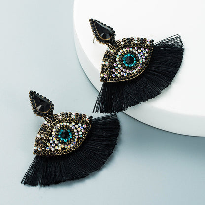 Retro Glass Diamonds Devil's Eyes Fan-shaped Tassel Earrings Wholesale Gooddiy