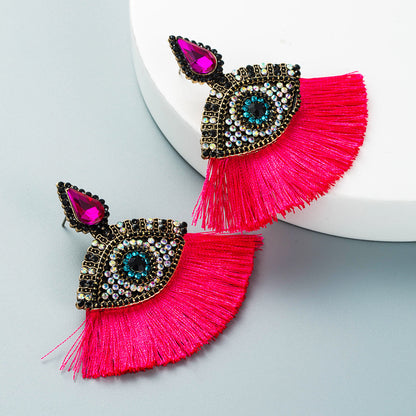 Retro Glass Diamonds Devil's Eyes Fan-shaped Tassel Earrings Wholesale Gooddiy