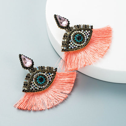 Retro Glass Diamonds Devil's Eyes Fan-shaped Tassel Earrings Wholesale Gooddiy