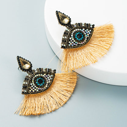 Retro Glass Diamonds Devil's Eyes Fan-shaped Tassel Earrings Wholesale Gooddiy