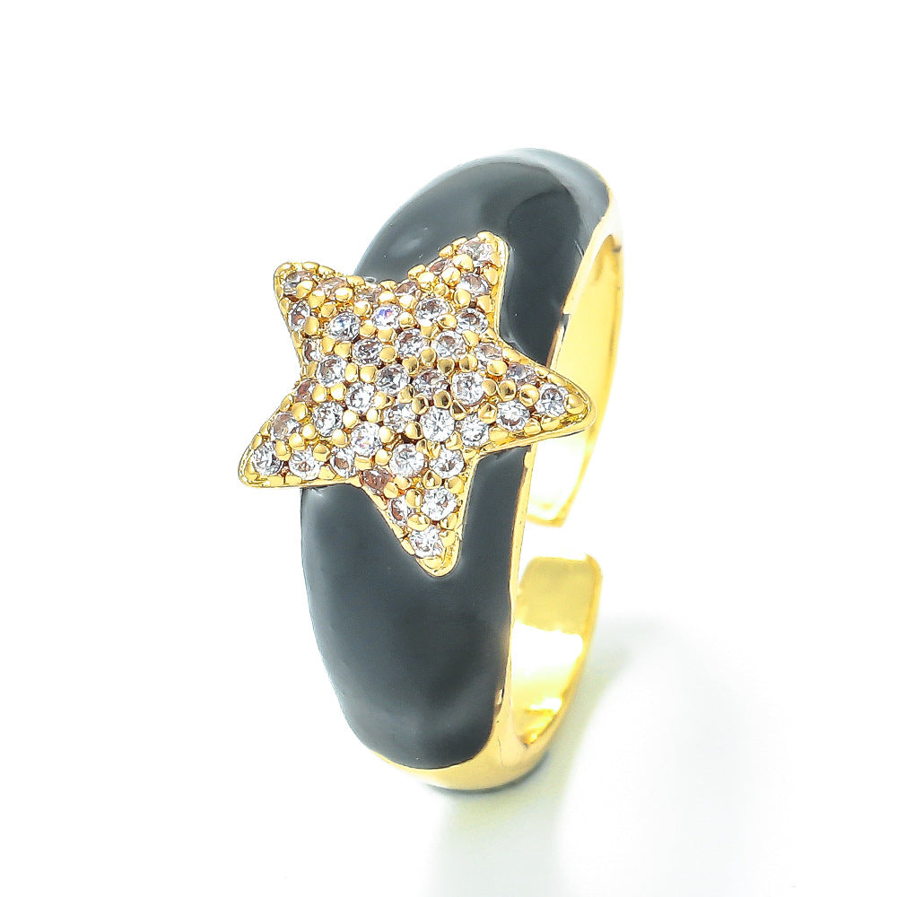 Fashion Oil Drop Five-pointed Star Opening Inlaid Zircon Copper Ring Wholesale Gooddiy