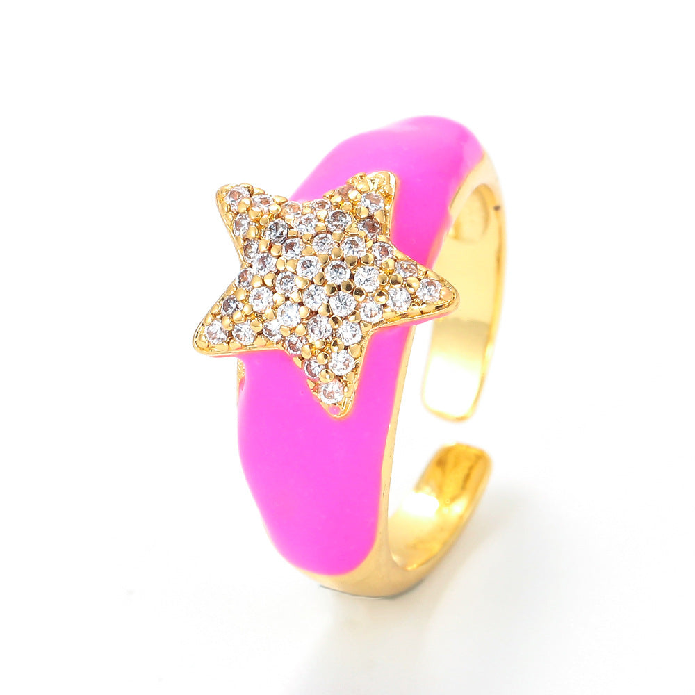 Fashion Oil Drop Five-pointed Star Opening Inlaid Zircon Copper Ring Wholesale Gooddiy