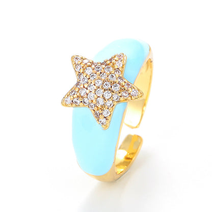 Fashion Oil Drop Five-pointed Star Opening Inlaid Zircon Copper Ring Wholesale Gooddiy