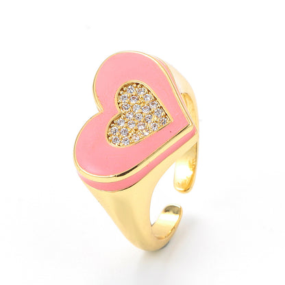 Vintage Oil Drop Opening Adjustable Wide Face Heart Shape Inlaid Zircon Copper Ring Wholesale Gooddiy