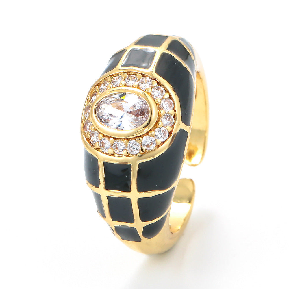 Fashion Dripping Oil Adjustable Wide Face Inlaid Zircon Grid Stripe Copper Ring Wholesale Gooddiy