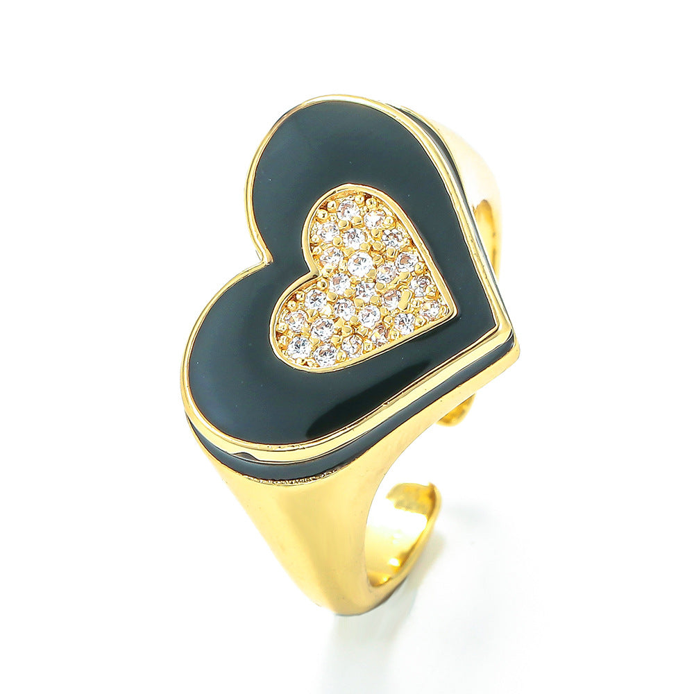 Vintage Oil Drop Opening Adjustable Wide Face Heart Shape Inlaid Zircon Copper Ring Wholesale Gooddiy