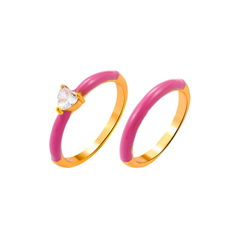 Fashion Simple Color Oil Dripping Geometric Copper Inlaid Zircon Ring 2-piece Set