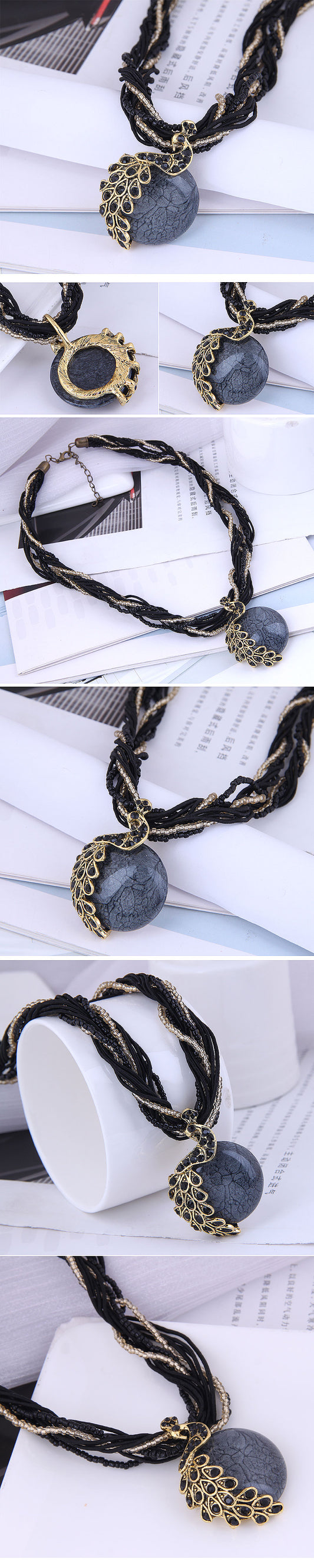Bohemian Style Peacock Gem Pendent Multi-layer Braided Necklace Wholesale Gooddiy