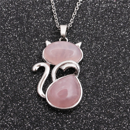 Casual Cute Cat Stainless Steel Plating Inlay Natural Stone Crystal Glass Pendant Necklace Long Necklace