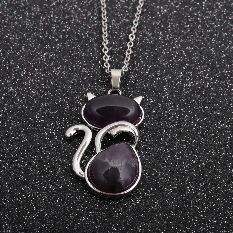 Casual Cute Cat Stainless Steel Plating Inlay Natural Stone Crystal Glass Pendant Necklace Long Necklace