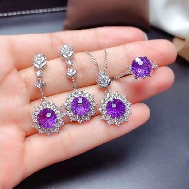 New Amethyst Rings Pendants Earings Set Fire Flash Fireworks Cutting Amethyst Necklace Pt950 Platinum