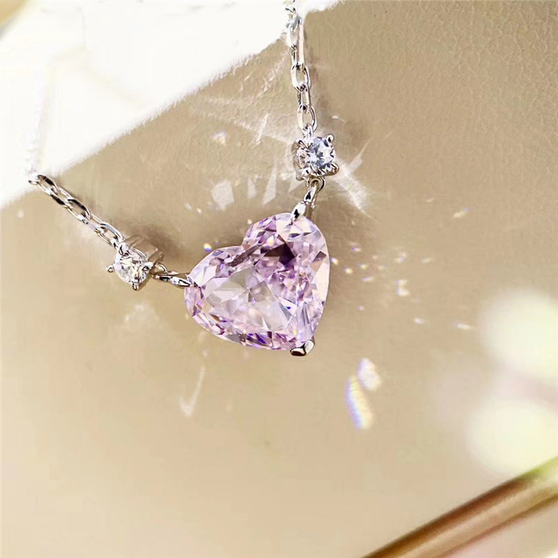 Tik Tok Live Stream Heart-shaped Necklace Female Clavicle Chain Ins Advanced Design Sense Temperament Wild High Carbon Diamond Pink Pendant