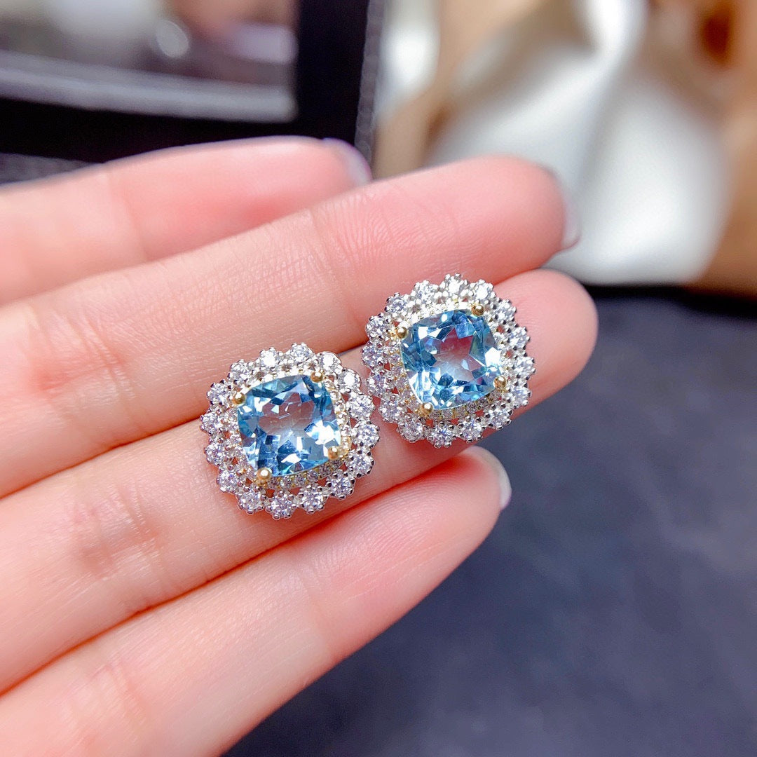 Internet Celebrity Live Streaming Imitation Natural Colorful Crystal Stone Suit Sky Blue Topaz Necklace Ring Eardrops Stud Earrings Female