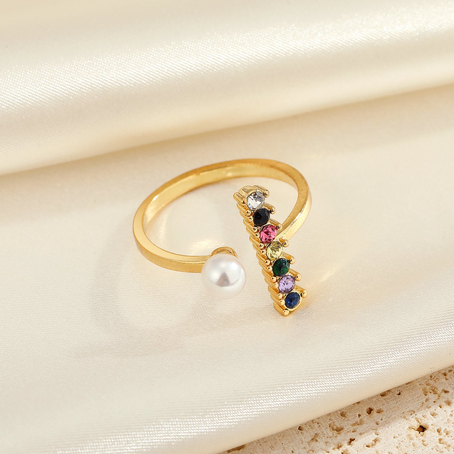 Cross-border New Jewelry Pearl Rectangular Colored Diamond Ring Creative Irregular Opening Adjustable Index Finger Ring