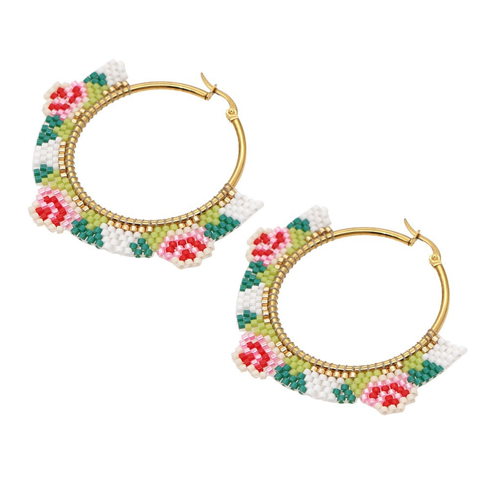 Ethnic Style Miyuki Rice Beads Hand-woven Fashion Rose Flower Hoop Earrings