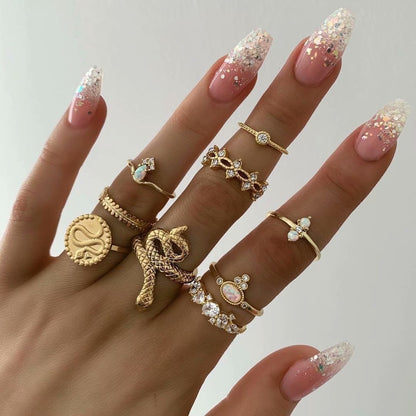 Cross-border New Ring Set Fashion Geometric Snake-shaped Diamond Leaf Ring Tail Ring 9-piece Set