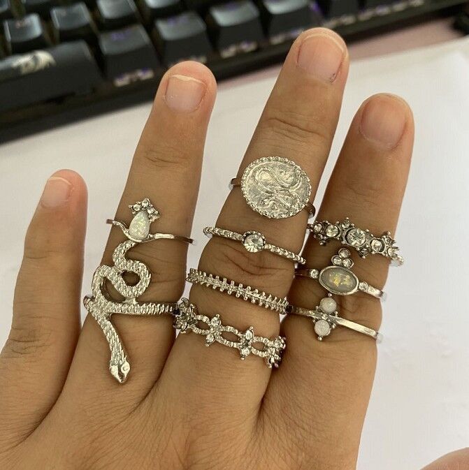 Cross-border New Ring Set Fashion Geometric Snake-shaped Diamond Leaf Ring Tail Ring 9-piece Set