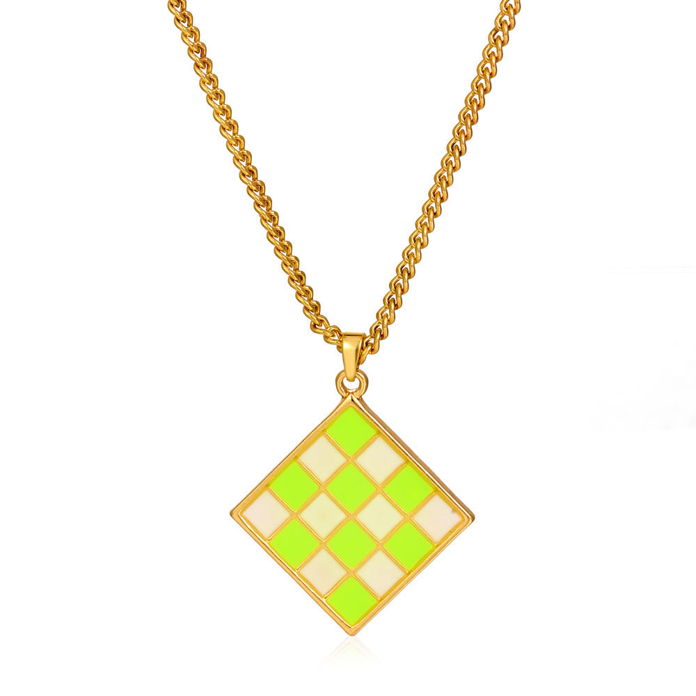 Cross-border New Geometric Square Pendant Necklace Color Dripping Oil Checkerboard Clavicle Chain Necklace