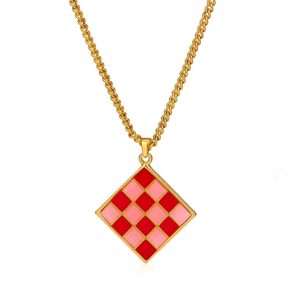 Cross-border New Geometric Square Pendant Necklace Color Dripping Oil Checkerboard Clavicle Chain Necklace